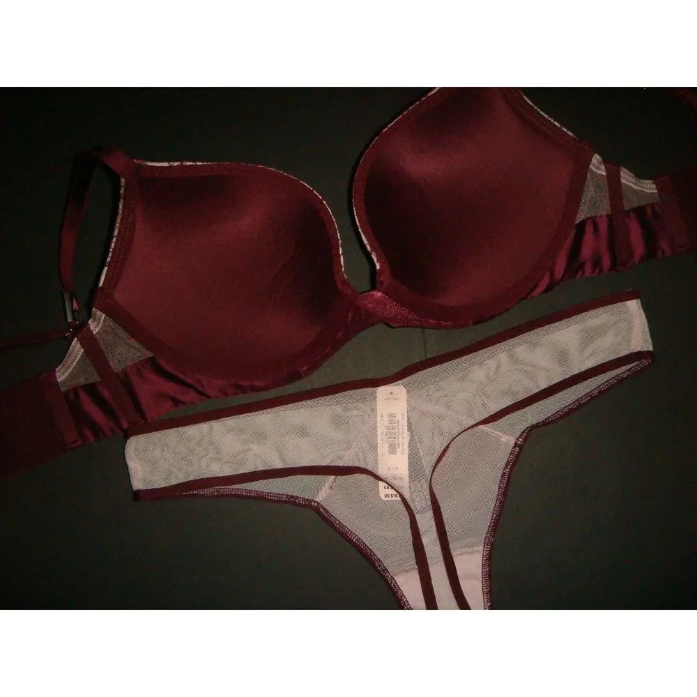 Victoria's Secret 32C BRA SET+garter TEDDY+XS ONE-PIECE pink burgundy maroon red